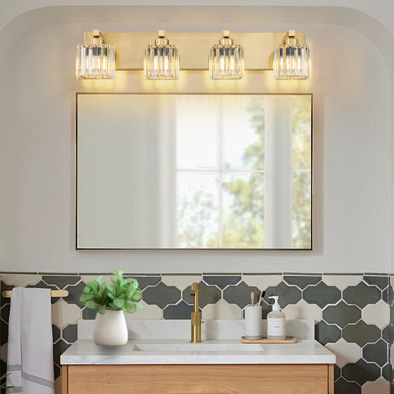 Huoku Gold Crystal Bathroom Vanity Lights, 4 Lights Bathroom Lighting Fixtures Over Mirror Modern Gold Crystal Bathroom Wall Lig