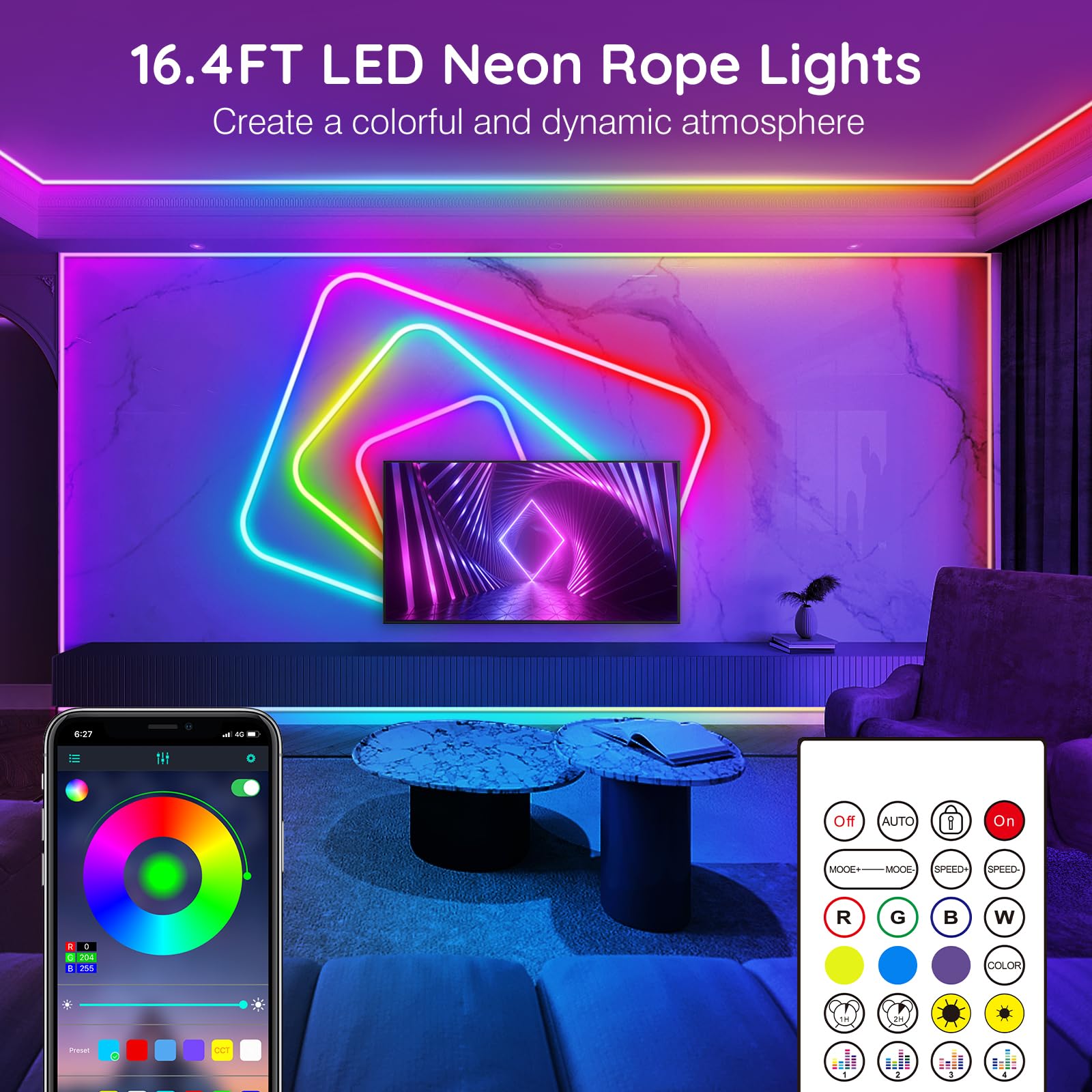 AILBTON Neon Rope Lights, 16.4FT Flexible LED with App/Remote, RGB Color, Music Sync, for Bedroom and Outdoor Use
