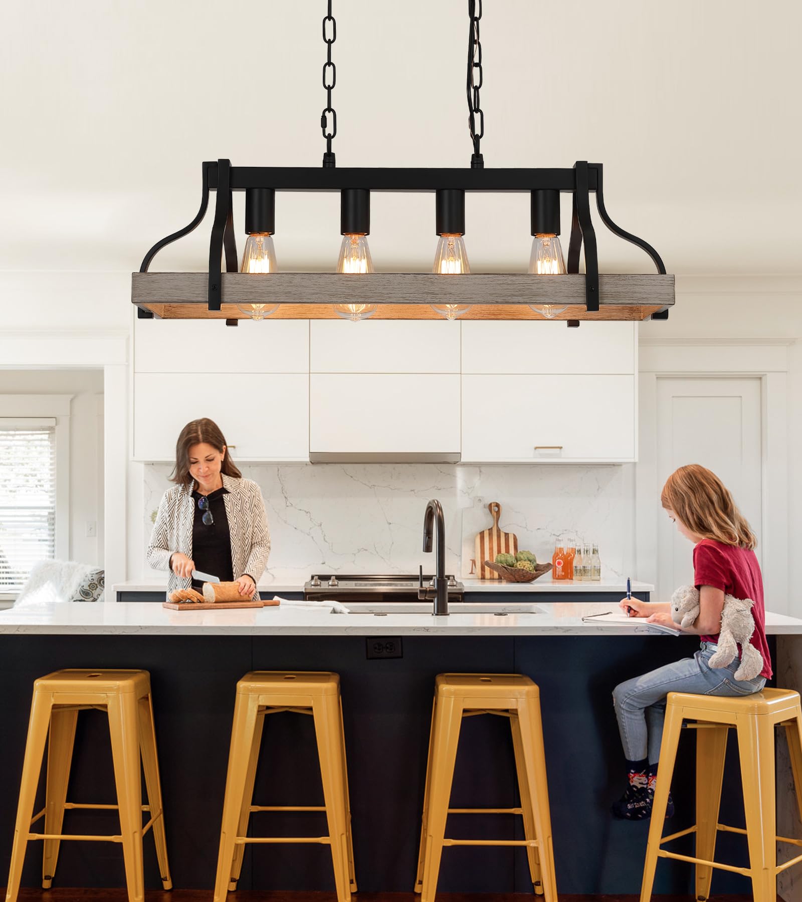 MEIXISUE 4-Light Farmhouse Chandelier - White Birch & Black Metal, Model P2143-4, UL Listed, Ideal for Dining Room & Kitchen Island