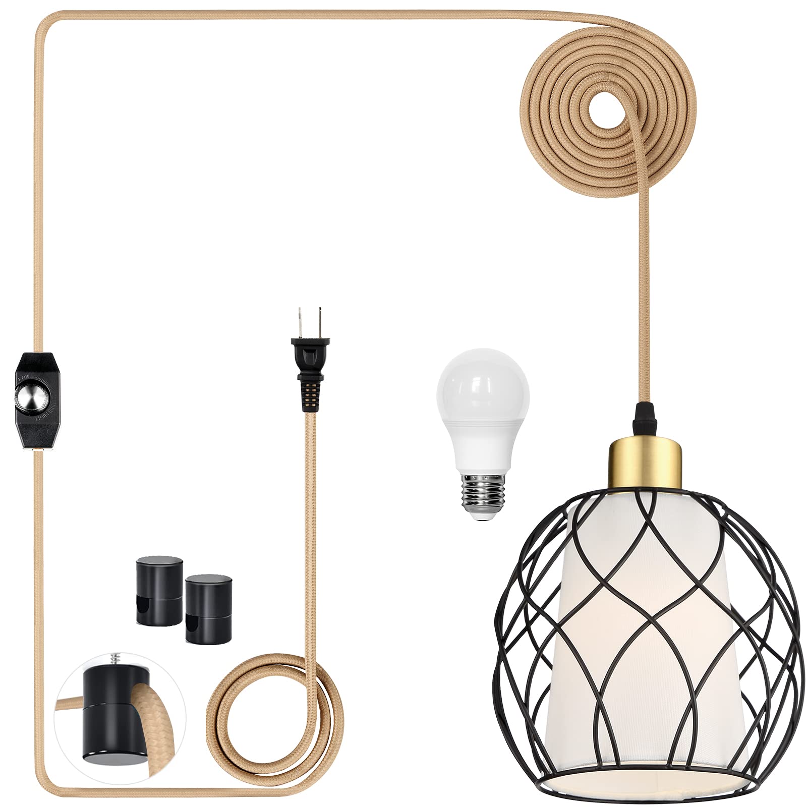 Ruzectt Plug In Pendant Light,Hanging Light With Plug In Cord,Black Hanging Lamp With Dimmable Switch,15 Ft Golden Cotton Cord,Hanging Light Fixture For Kitchen Living Room Bedroom (Bulb Included)