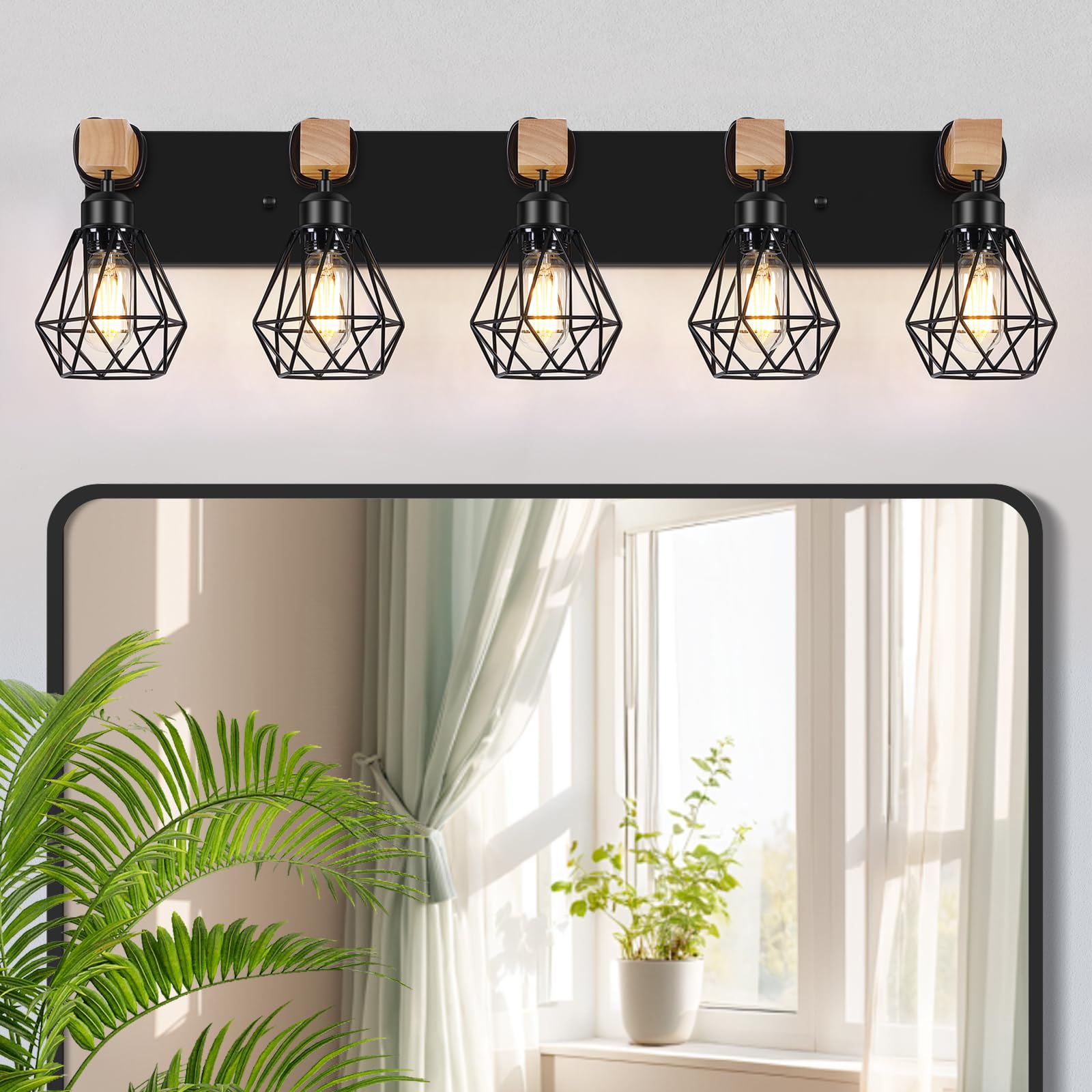 FadimiKoo 5-Light Wall Sconces, Black Metal Cage Vanity Lights, Rustic Bathroom & Living Room Lighting, Model ZSLZ-5