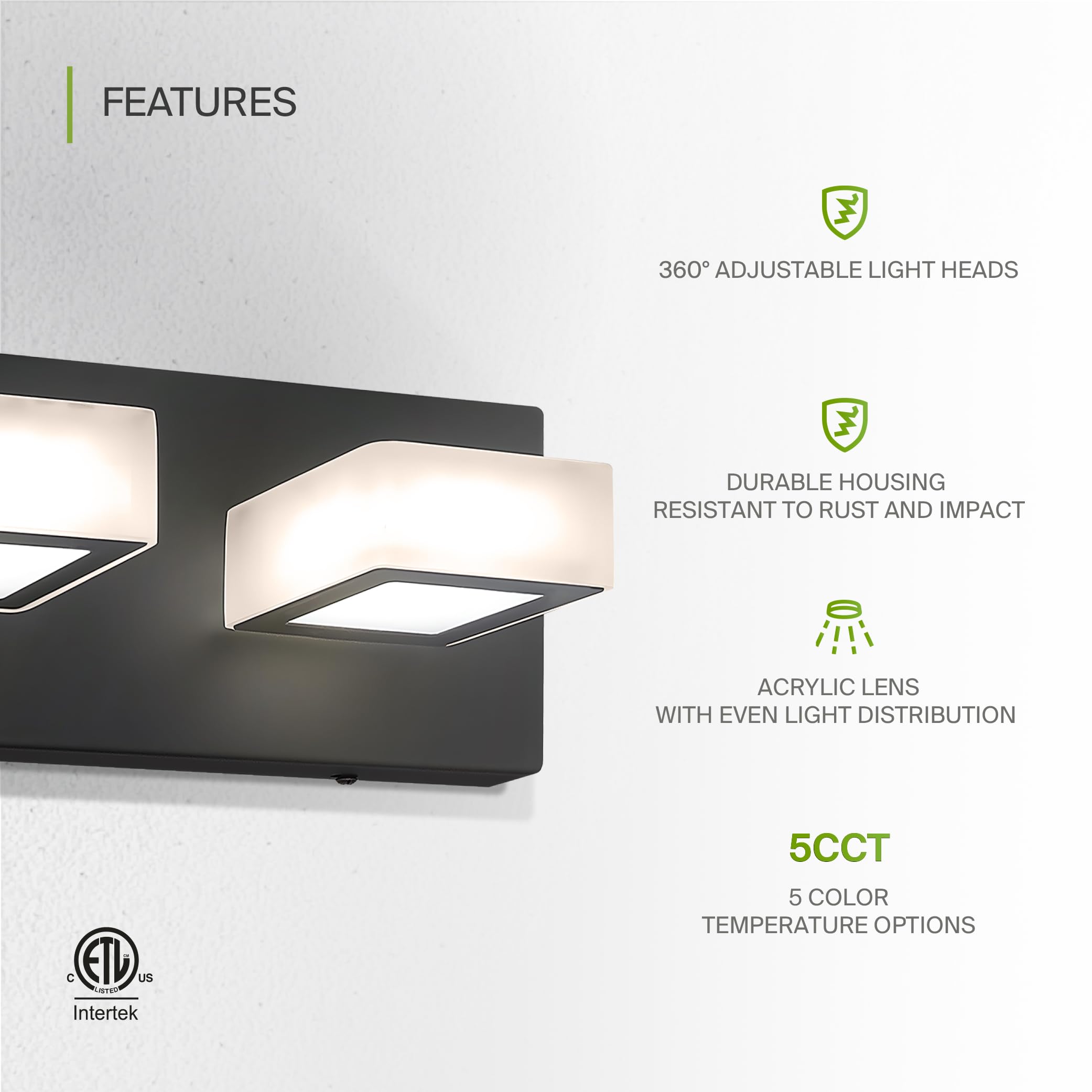 ASD LED Bathroom Vanity Light, 5-Lights Dimmable, 28W 1600LM, 2700-6000K, Black, Model A-LVF25M-5