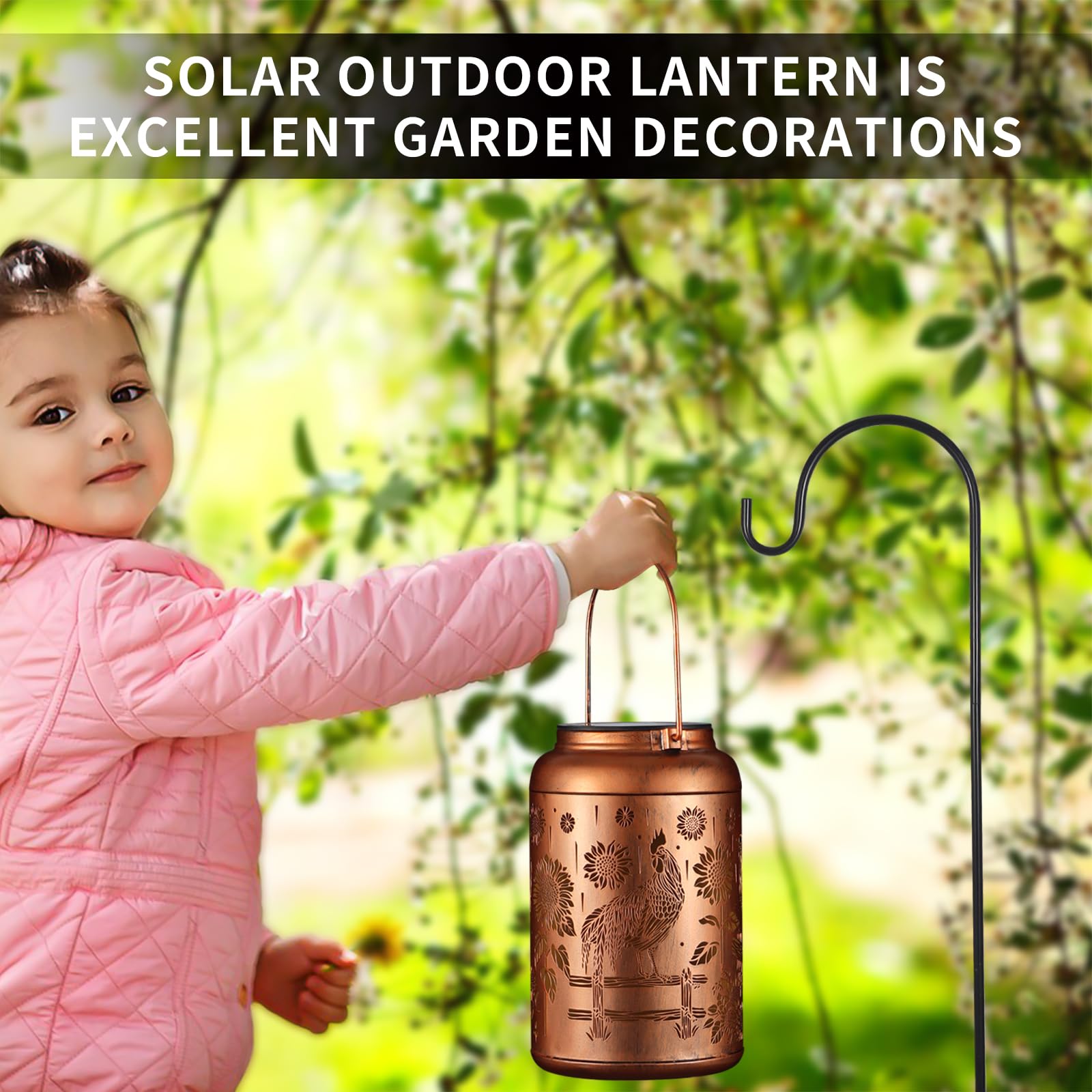 Tepaken Solar Lantern Hummingbird Garden Decor, Waterproof Hanging Lights for Outdoor, Gold, Model T-DL-109
