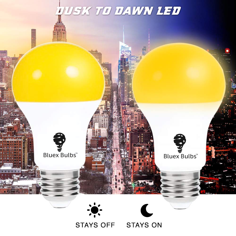 Bluex Bulbs 2 Pack LED Dusk to Dawn Bug Light Bulbs, Amber Light, Automatic Sensor, E26, 500 Lumens, Yellow, Model 2306
