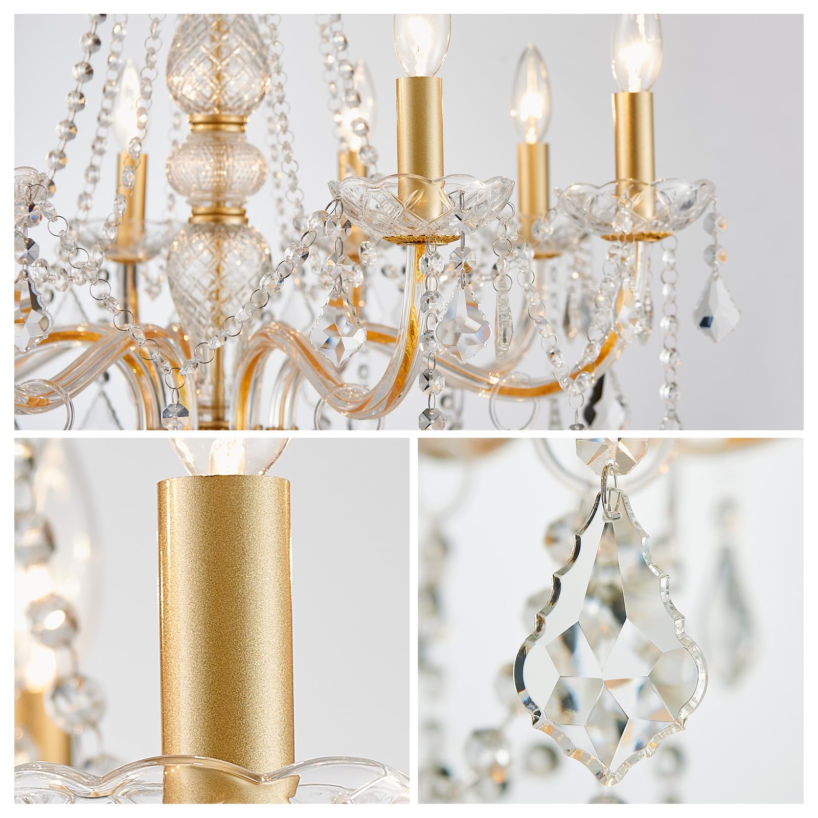 Wuzups 8-Light Crystal Candle Chandelier Pendant Ceiling Light Modern Lighting Fixture For Bedroom Hallway Bar Kitchen Bathroom  H 35.4 W 27.6  E12 Base  Gold