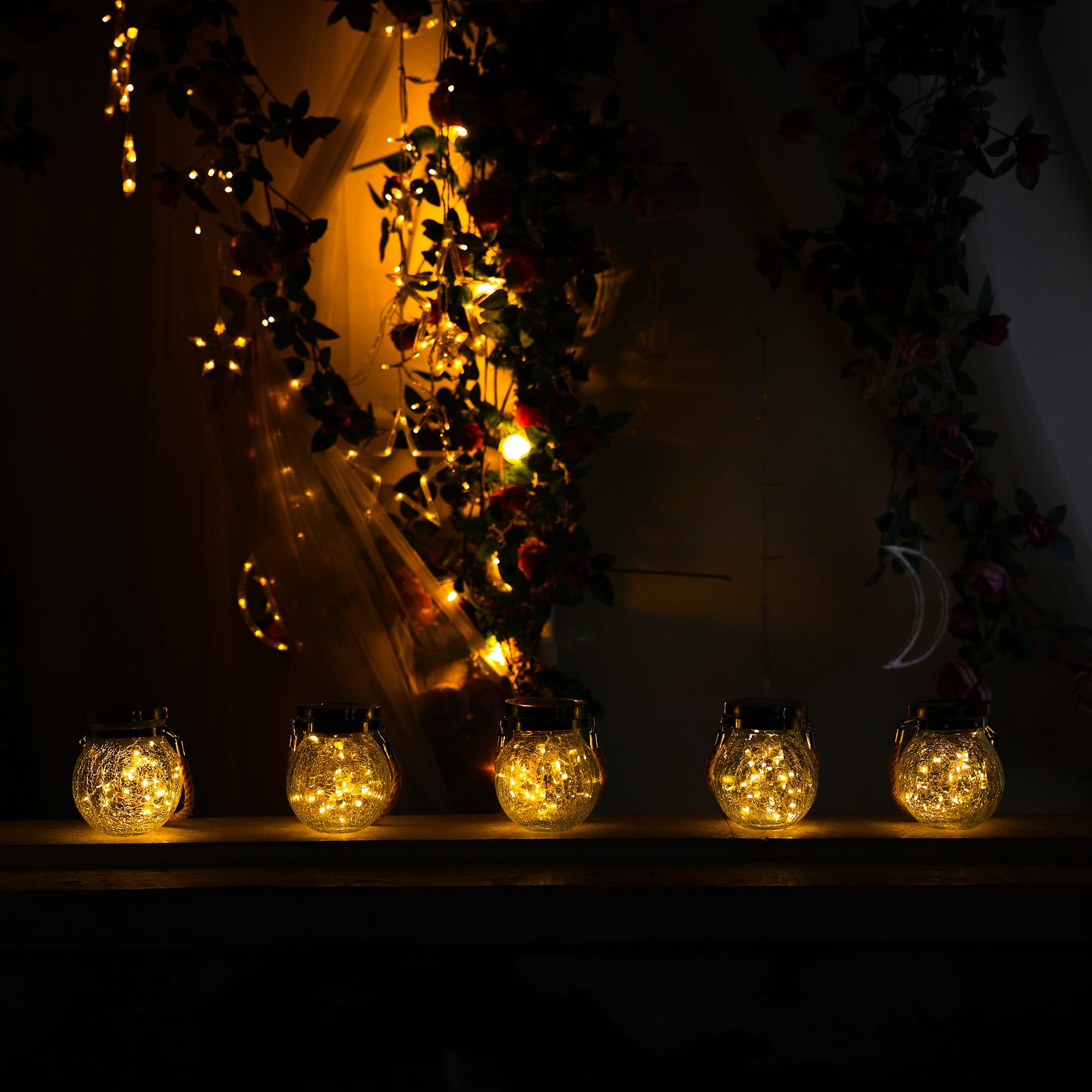 Cooo 4 Pack Solar Lanterns Outdoor Waterproof Hanging Crack Glass Lanterns 30 Led Fairy Lights Garden Patio Porch Yard Backyard