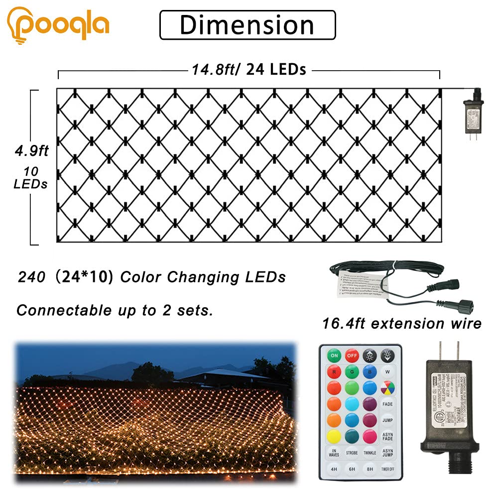 Pooqla RGB Net Lights, 14.8x4.9ft Waterproof 240 LED Color Changing Outdoor Decoration, Multicolor for Christmas, Halloween, Wedding
