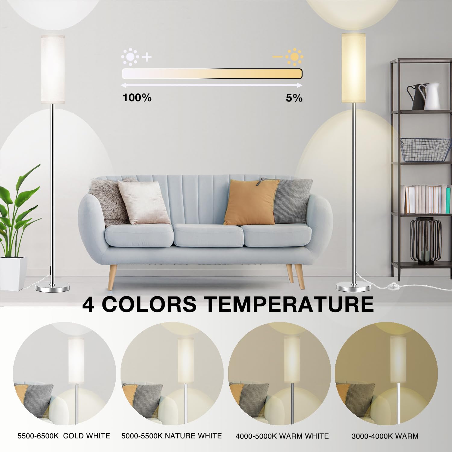 Qaubauyt Modern Led Floor Lamp With Remote, Brushed Nickel, Reading & Colorful Modes, 9W Bulb