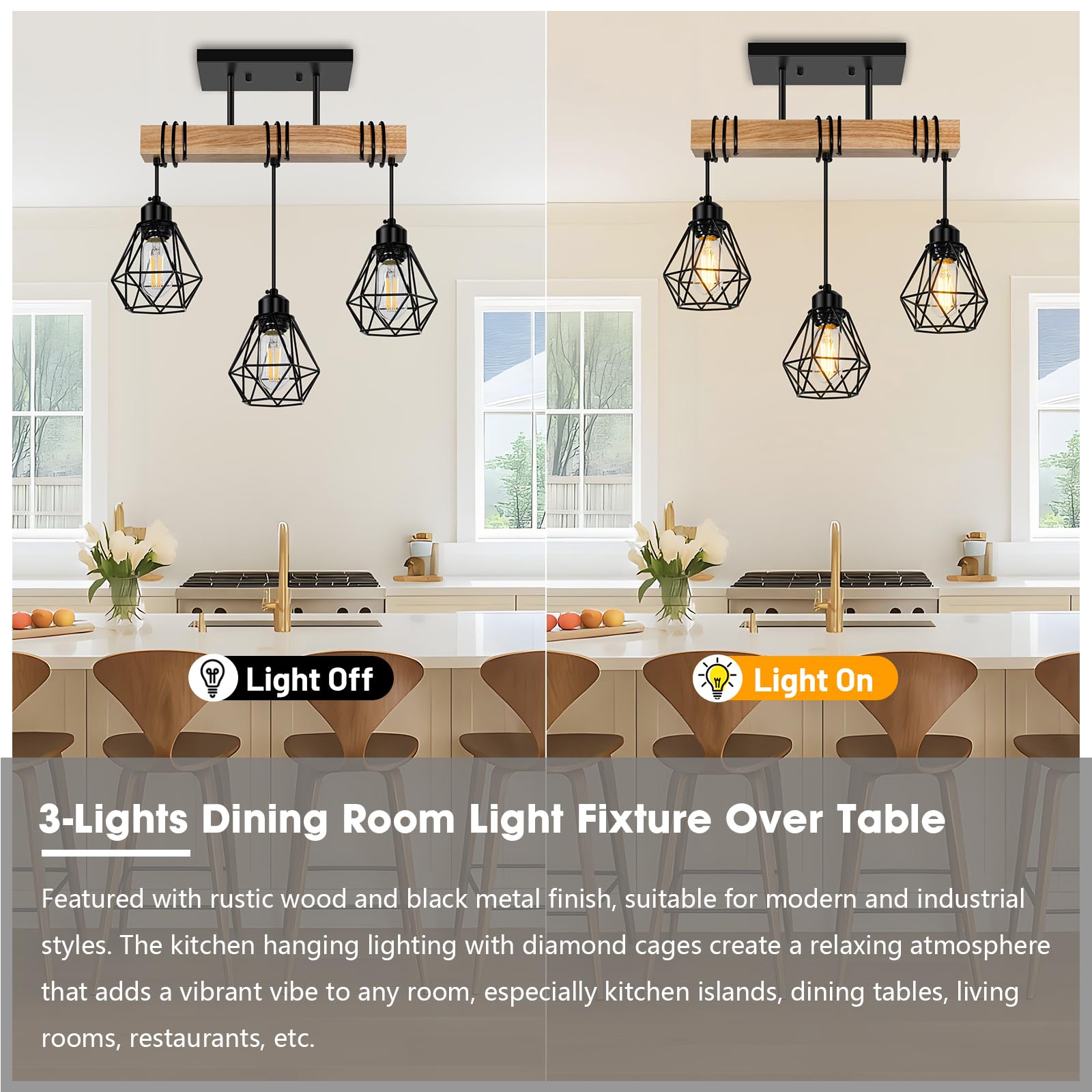 Feanron 3-Lights Farmhouse Pendant Light Fixtures, Black Metal Shades, Rustic Solid Wood, Model ZSLDD-3L for Dining Room and Kitchen