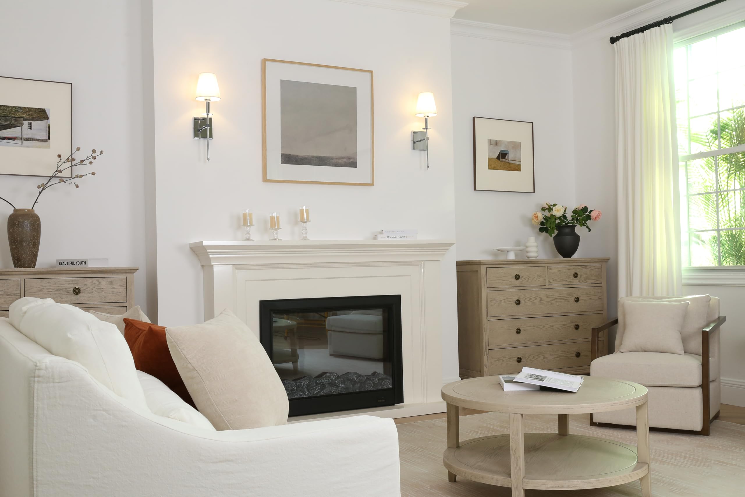 PERMO Set of 2 Classic Rustic Industrial Wall Sconce Lighting Fixture with Flared White Textile Lamp Shade and Antique Brass Tap