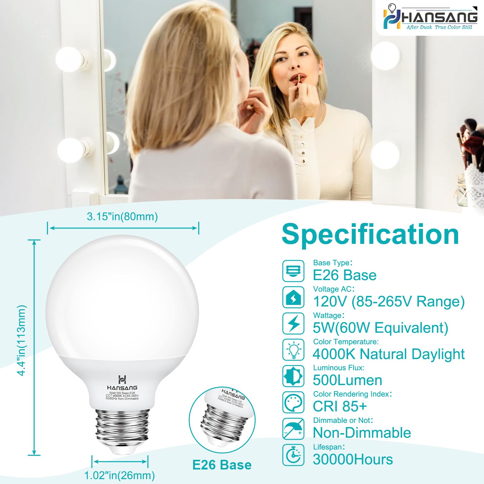Hansang 8 Pack G25 Led Globe Light Bulbs 4000K Natural Daylight, E26 Base Bathroom Light Bulbs, 60W Incandescent Equivalent, Vanity Mirror Round Light Bulbs, 500Lm, Non-Dimmable