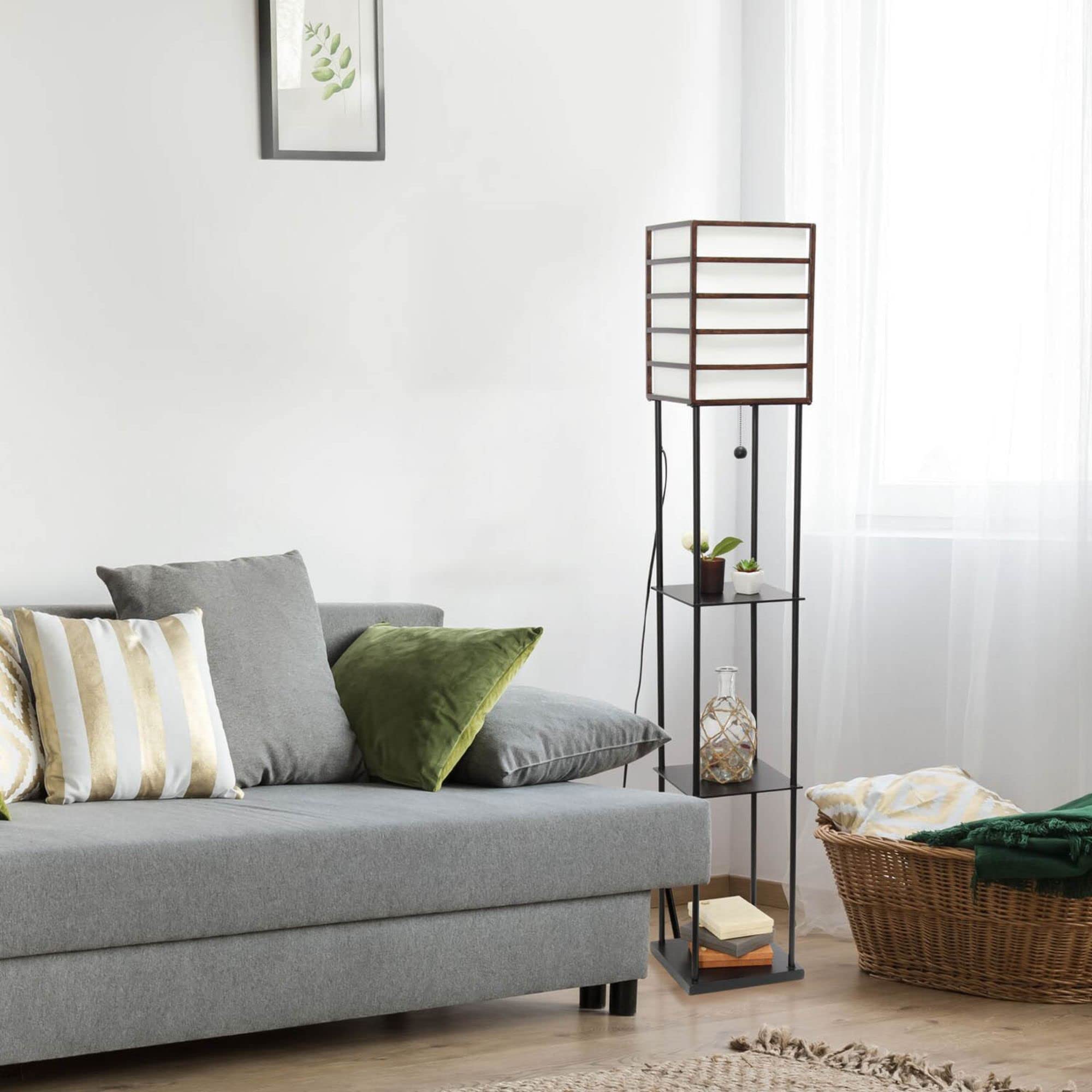 LALIA HOME Metal Etagere Floor Lamp with Linen Shade, Dark Wood, Model LHF-5055-DW, Storage Shelves