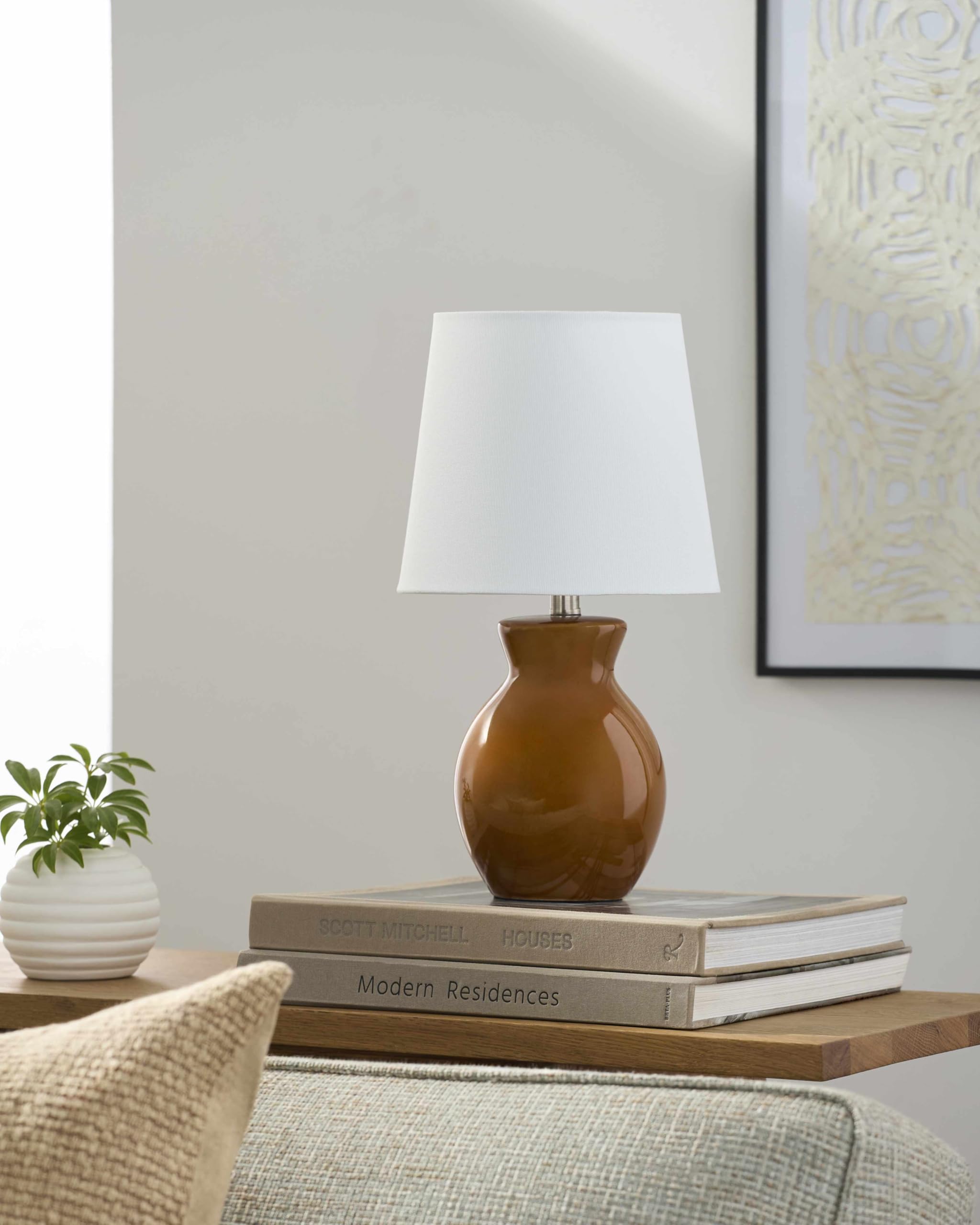 BoutiqueRugs Ceramic Bedside Table Lamp - 15inH x 8inW x 8inD - Tan, White - Model SPXZVA9-030 - Boho Style for Bedroom or Living