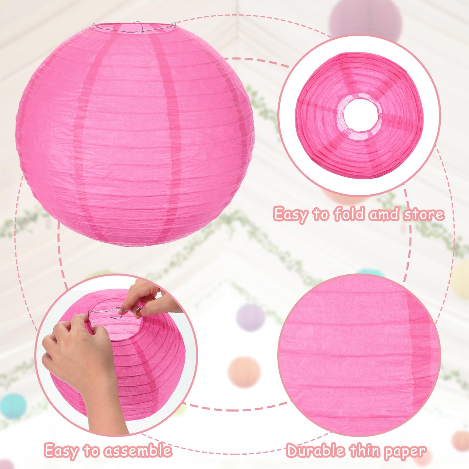 Meccanixity 6Pcs Paper Lanterns Decorative, 6'' 8'' 12'' Rose Red Round Hanging Lantern Chinese Lanterns For Home Decor, Birthda