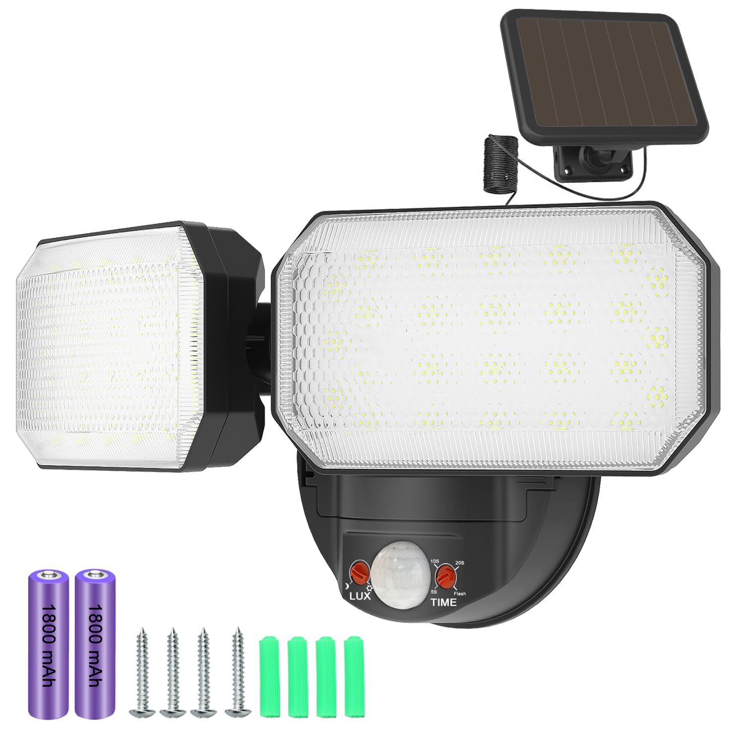 Owleye 2500LM LED Solar Flood Lights Outdoor with Motion, IP65 Waterproof Security Light with 2 Adjustable Head, 3600mAh 3.2V Ba