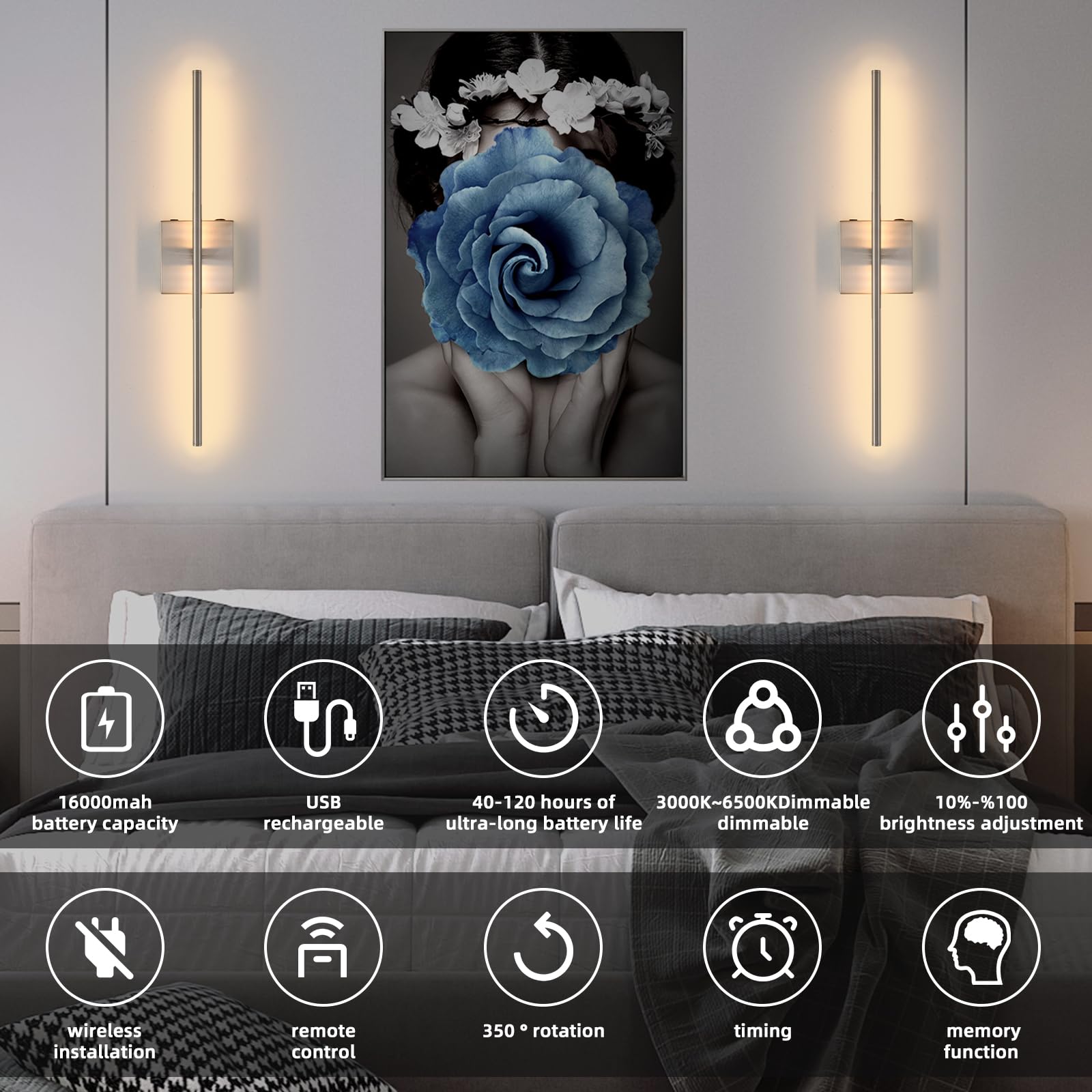 Battery Operated Wall Sconces, Modern Brushed Nickel Rechargeable Wall Sconce With Remote Control, 3000K-6000K Dimmable Led Wire