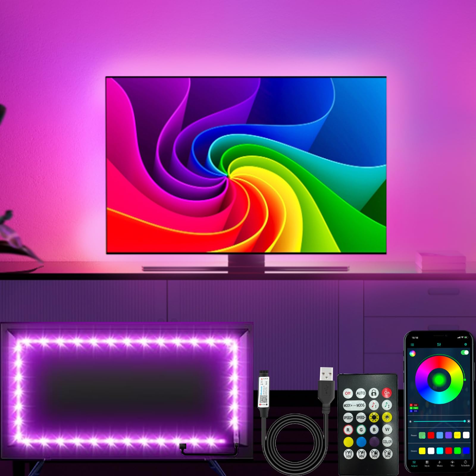 httpsmp TV Backlights, 13.1FT LED Strip Lights, RGB Music Sync, Bluetooth & Remote Control for 32in-65in TVs, Multicolor