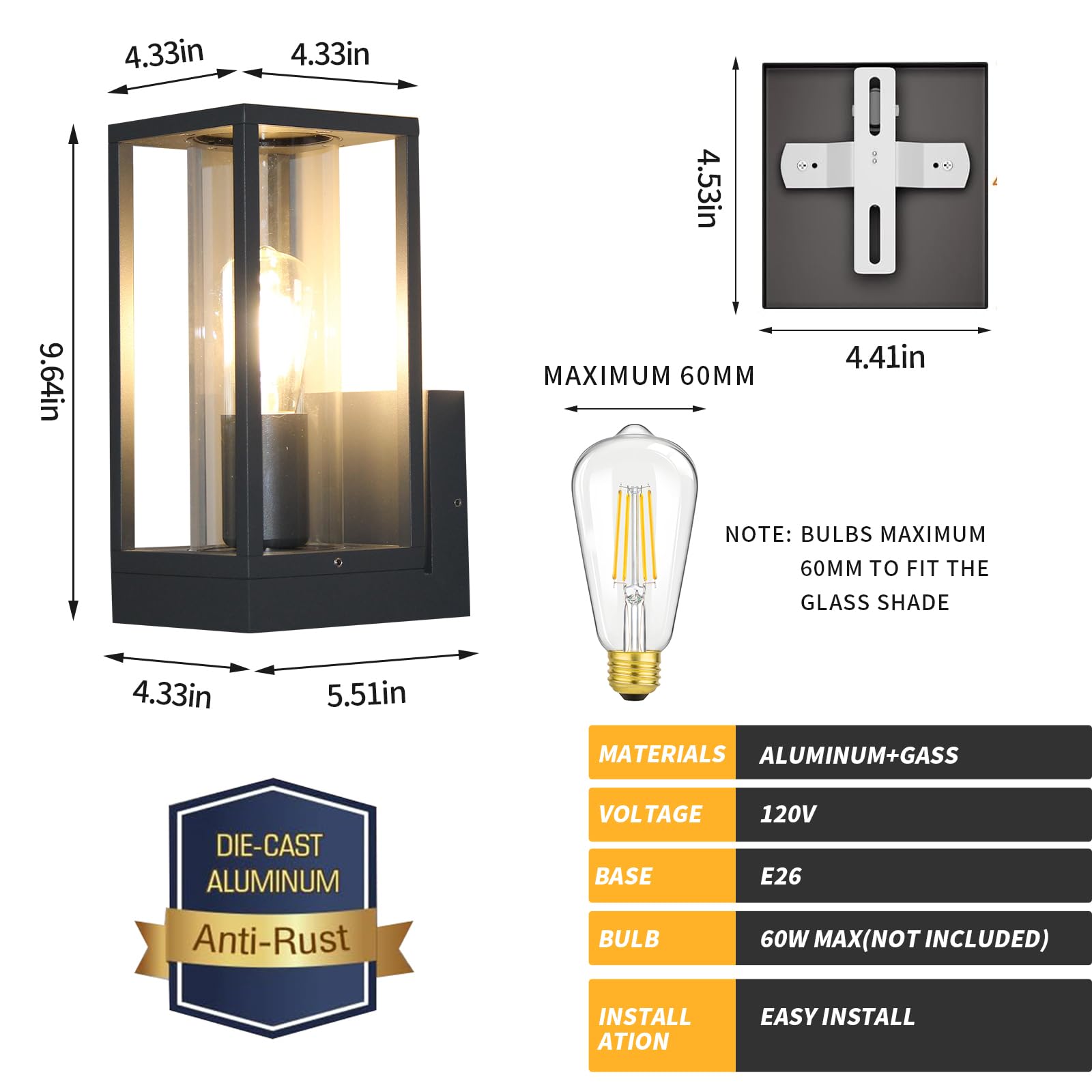 Dandray Outdoor Wall Light, Aluminum Waterproof Fixture for Porch, Front Door, Black, Model 5931-US