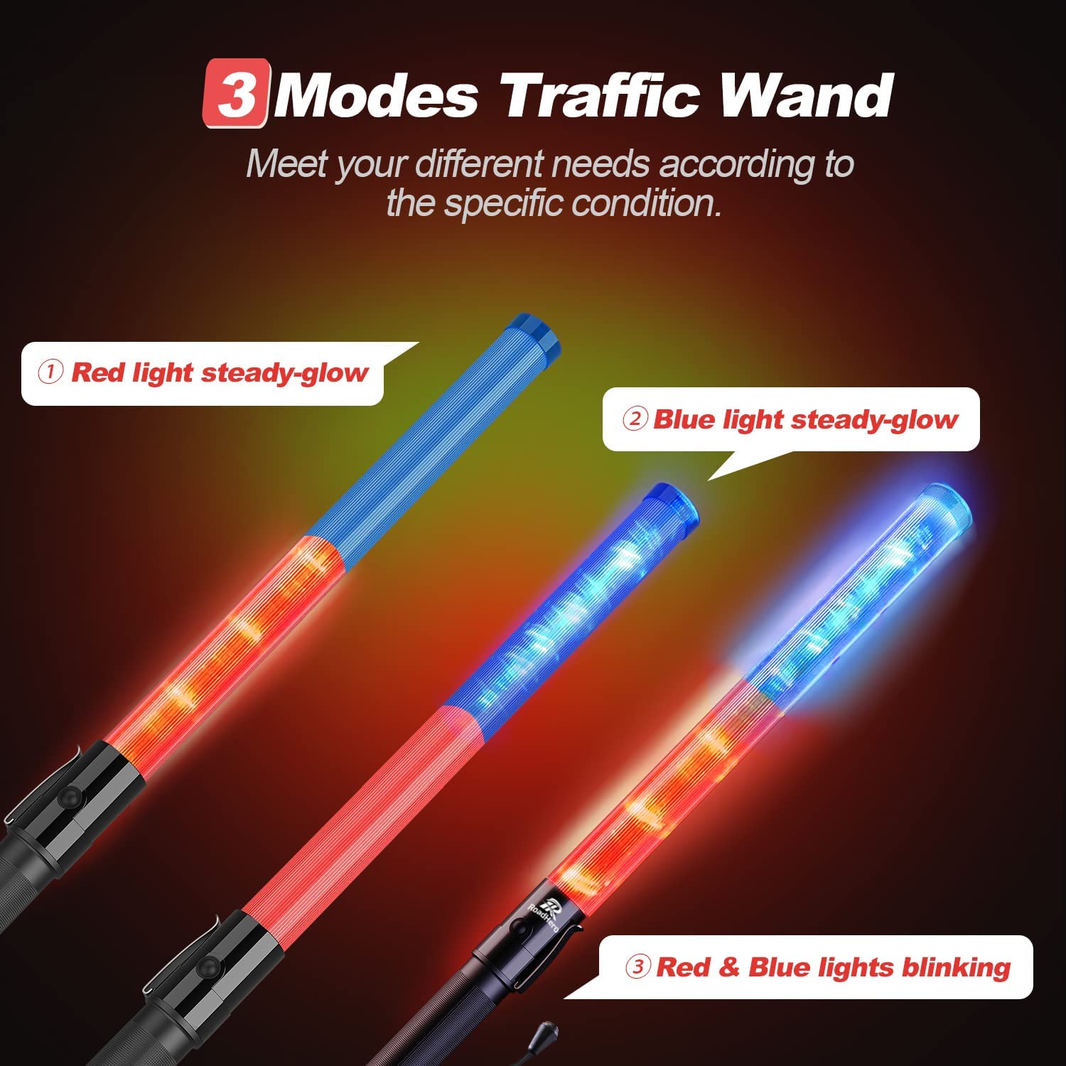 Roadhero 2 Pack 21Inch Traffic Wand, Red & Blue Led Traffic Control Baton, Safety Light Wands With 3 Flashing Modes, Air Marshaling Signal Wand With Side Clip For Airport, Parking, Car Directing