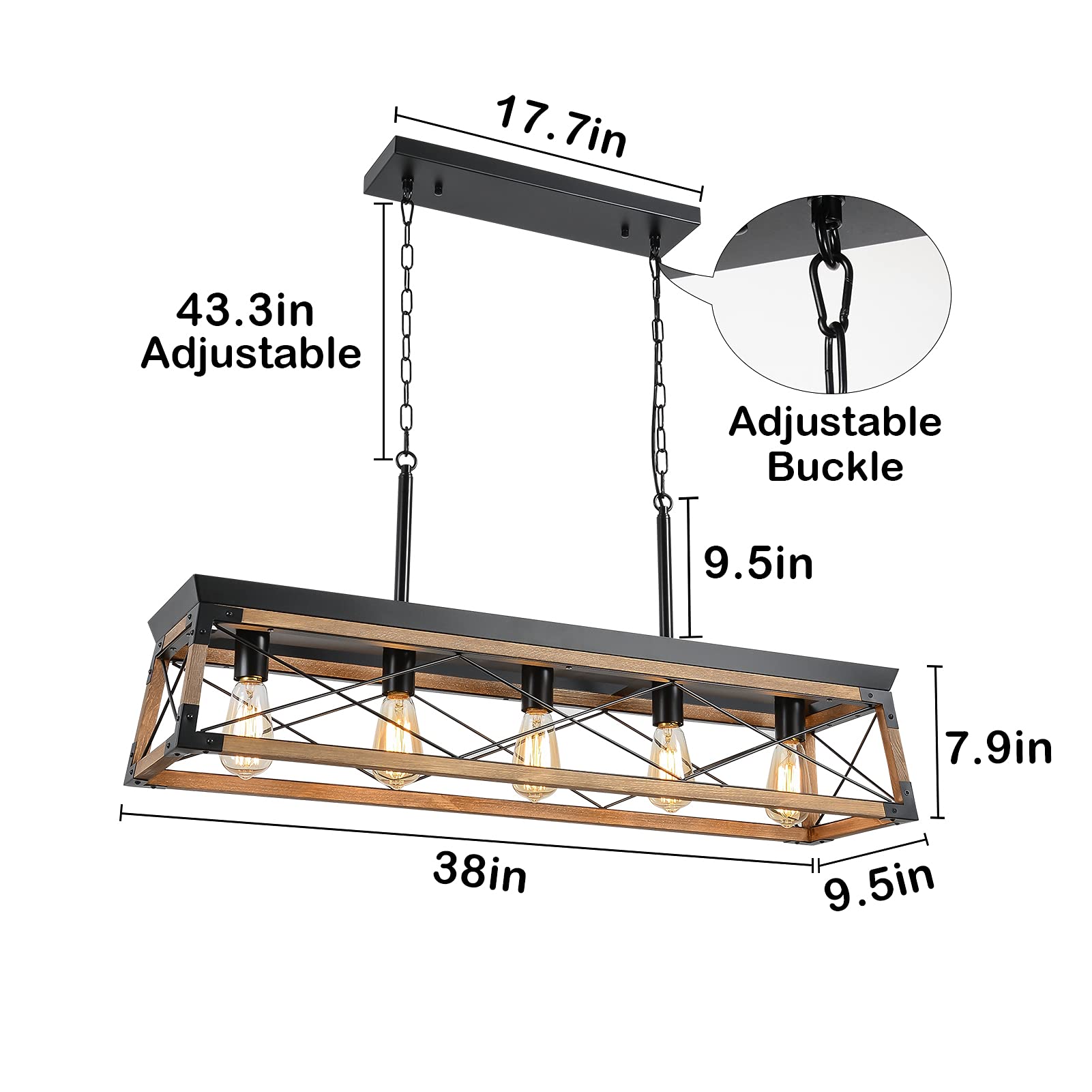 Airposta Farmhouse Rustic Wood Chandelier, 5 Lights Metal Rectangle Dining Room Swag Lighting, Kitchen Island Industrial Linear