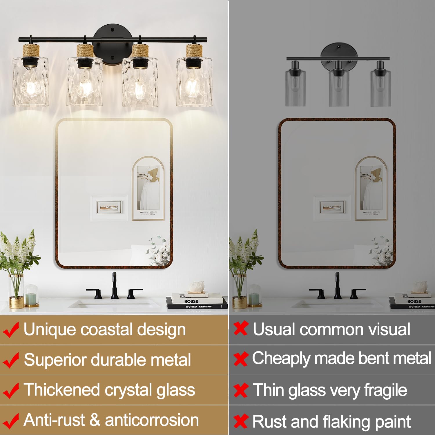 MOKATNG 4-Light Coastal Vanity Lights, Crystal Glass Shade, Matte Black, Model YX-057