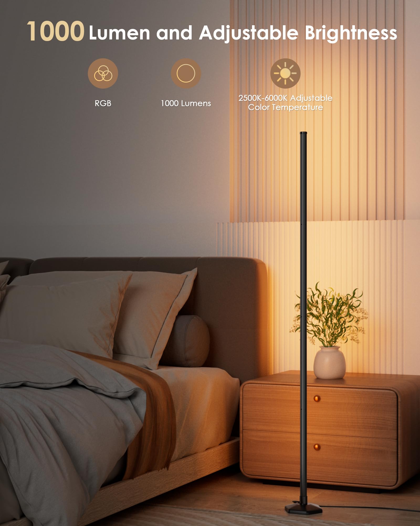 Corner Floor Lamp, 65'' Rgb Color Changing Mood Light With Remote Control, Dimmable Led Corner Lamp With Music Sync, Modern Floo