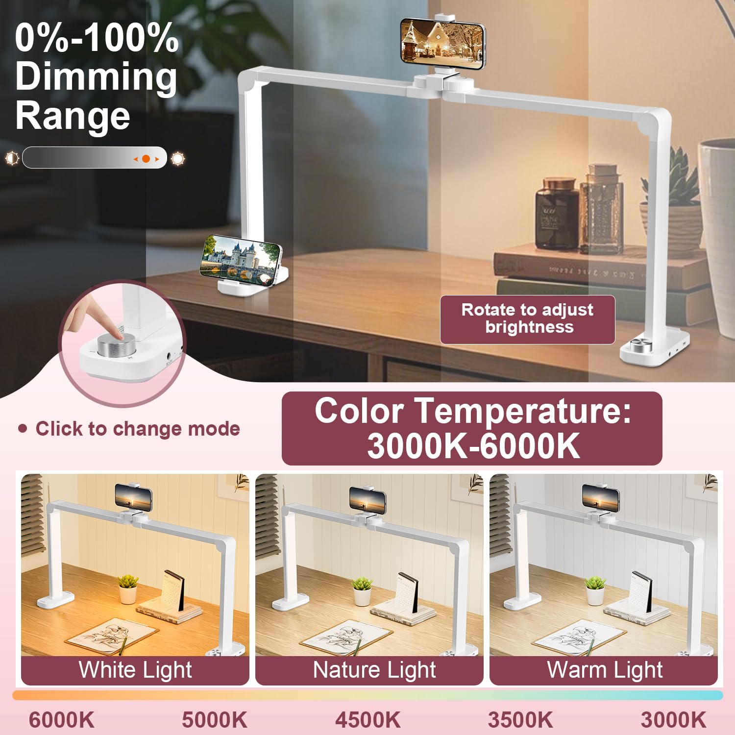 Ivict Desk Lamp, 34In 48W Nails Tech Light With Phone Stand, 0-100% Adjustable Brightness, 3000K-6000K Color Temperature Led Des