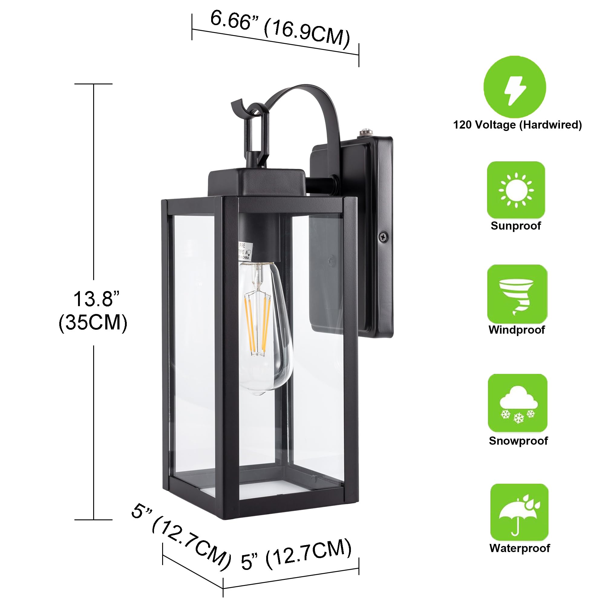 Gruenlich Dusk To Dawn Outdoor Wall Lantern, Wall Sconce For Porch Lighting Fixture, E26 Base Max 60W, Metal Housing Plus Glass,