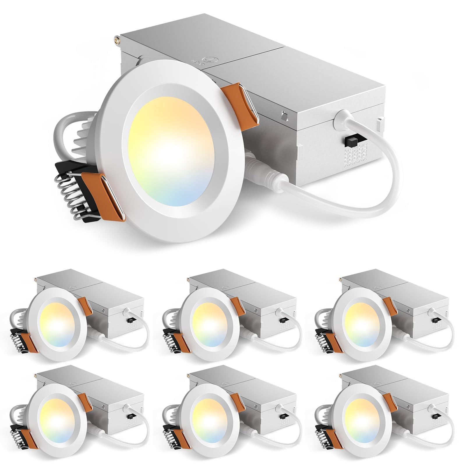Amico 6 Pack 2 Inch 5CCT Ultra-Thin LED Canless Recessed Ceiling Light with Junction Box, 2700K/3000K/3500K/4000K/5000K Selectab