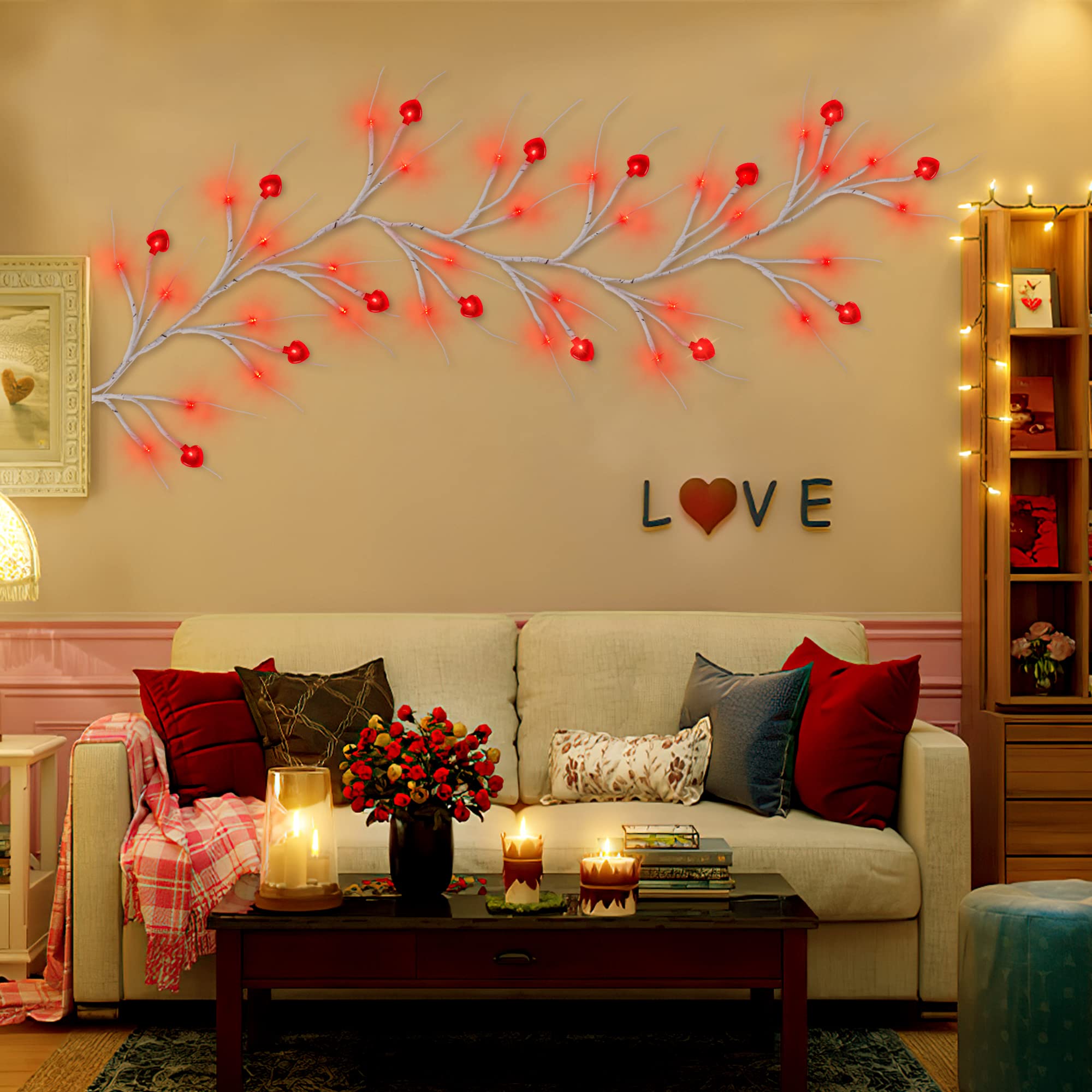 Mosoan 5FT Valentines Day Willow Vine with Red Heart Lights, 45 LED Battery Operated, 8 Modes Romantic Decor for Home and Table