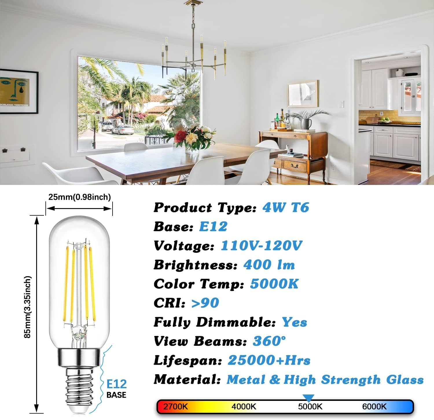 E12 Led Light Bulbs 40 Watt Equivalent, 4W Candelabra Dimmable Edison Bulbs, 5000K T6 Bulbs For Chandelier Ceiling Fan Light 400