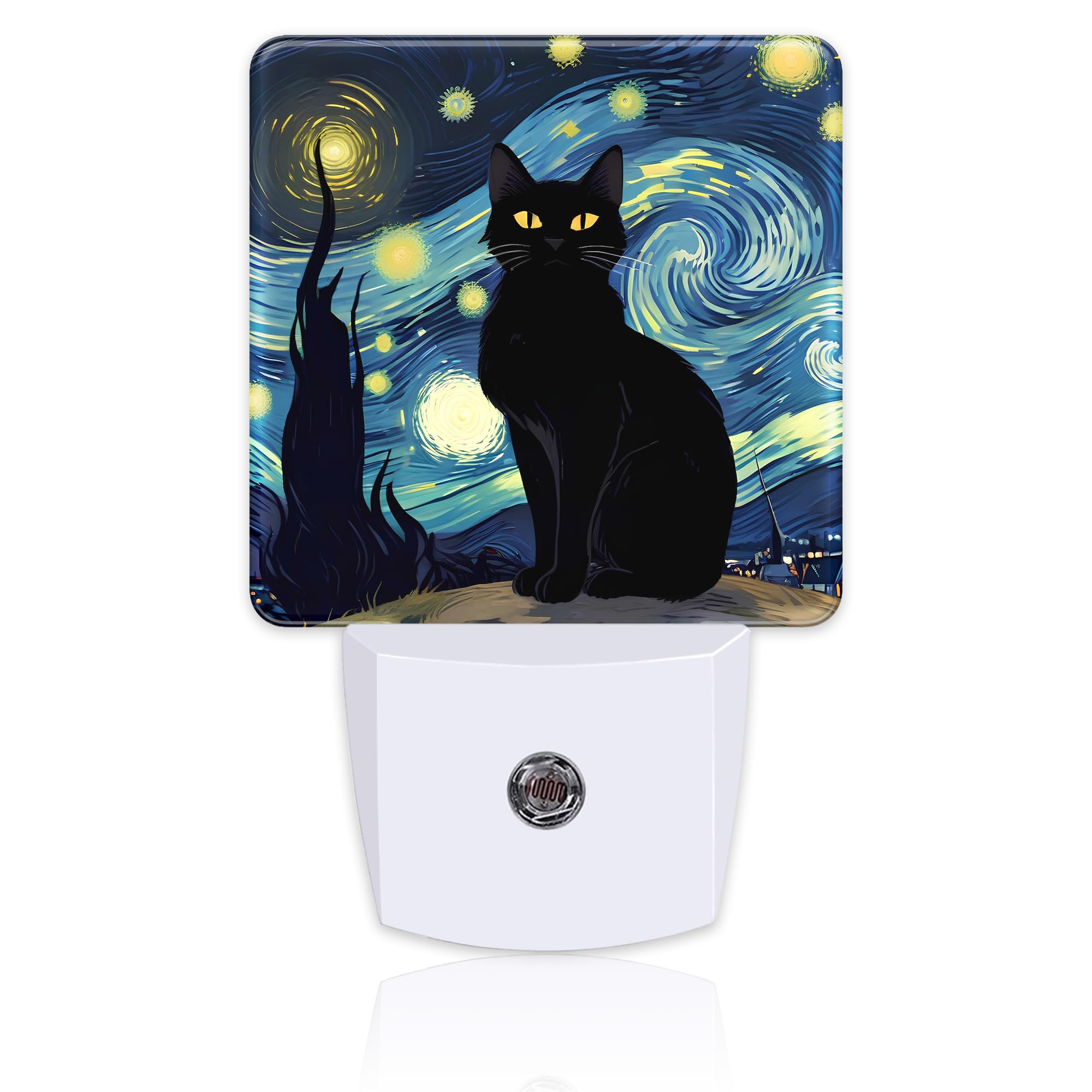 sndheke Starry Night Black Cat Night Light Plug into Wall, Von Gogh Oil Painting Dusk to Dawn Night Light Plug in,0.5w Energy Sa