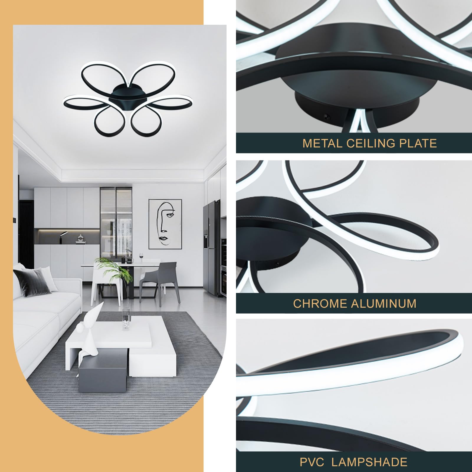Mayful Modern Led Ceiling Light Fixture, 23.6 Inches Flush Mount Chandelier In Black Finish, Dimmable Led Flush Mount Light Fixt