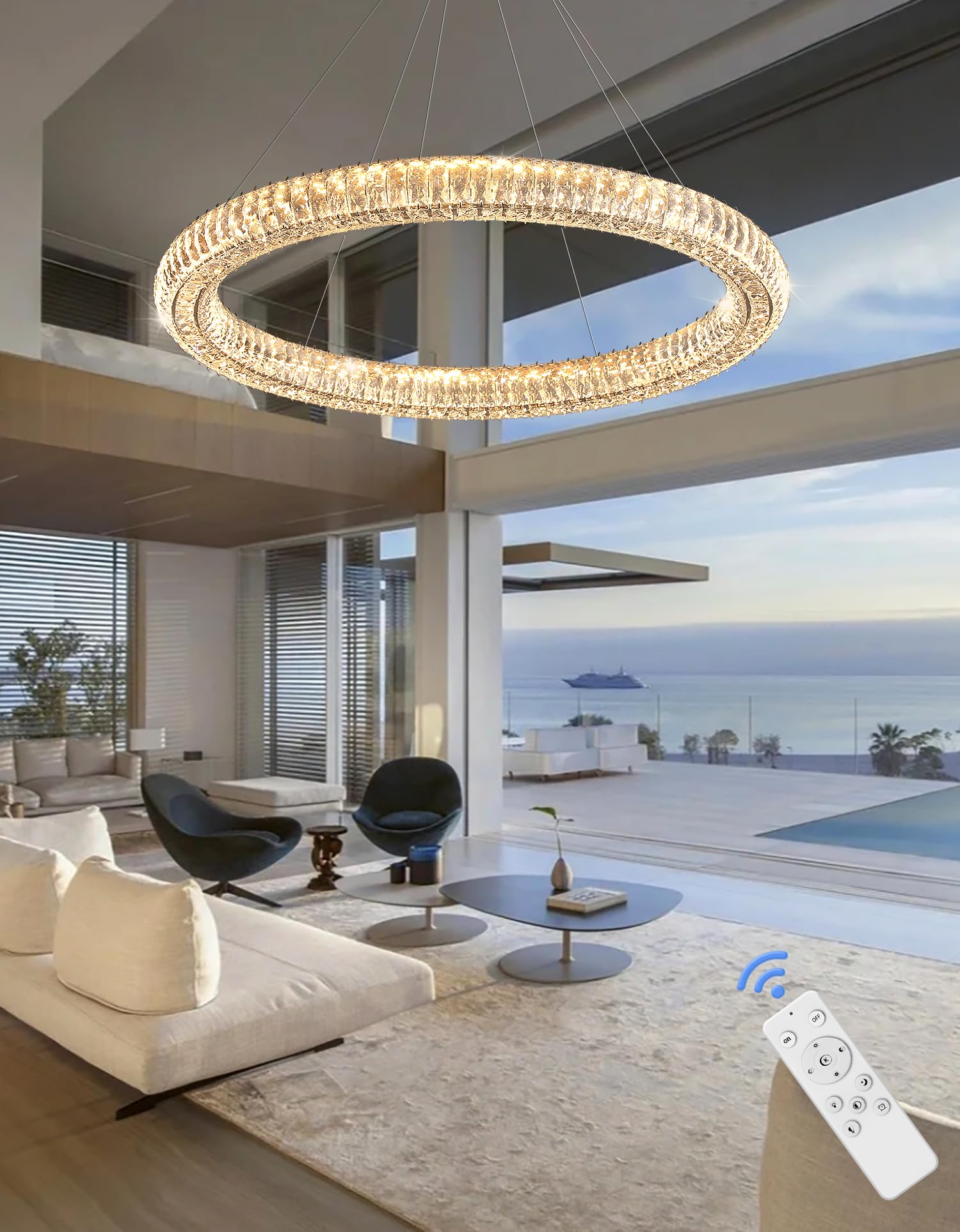 IDEQUY LED Ring Crystal Chandelier 39.4" Adjustable Chrome Dimmable 3000K-6000K for Dining Room Living Room, Model CF8022-100Y
