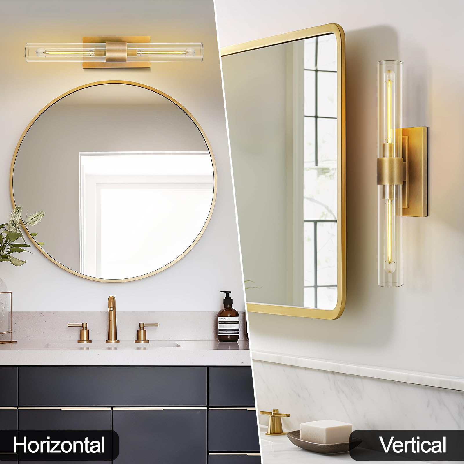 Zhtiechui Brass Wall Sconces Set Of Two, 22.8'' Sconces Wall Lighting 2-Light, Gold Bathroom Vanity Wall Sconces, Glass Tube Wal