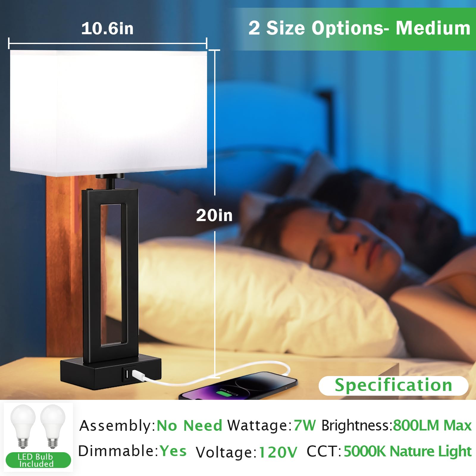 MoMyofdy Set of 2 Modern Table Lamps - Touch Control, 3 Way Dimmable, USB Charging, 20IN, White & Black, Model QL5166W-M
