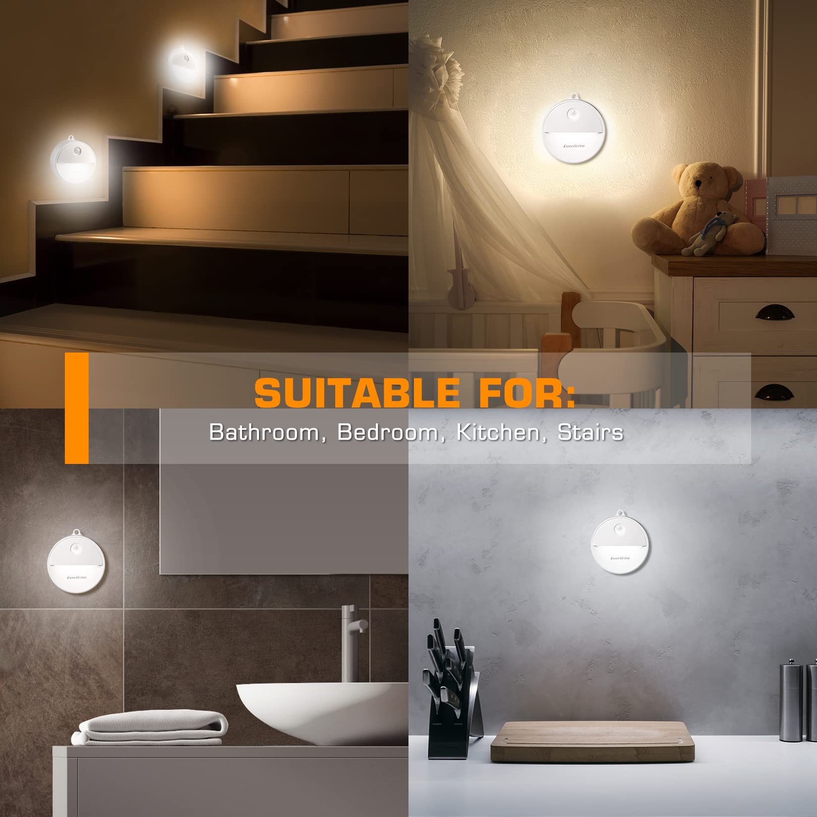 Everbrite Led Motion Sensor Night Light, Automated On & Off, Cool White Motion Activated Led Night Light For Kitchen, Bathroom,