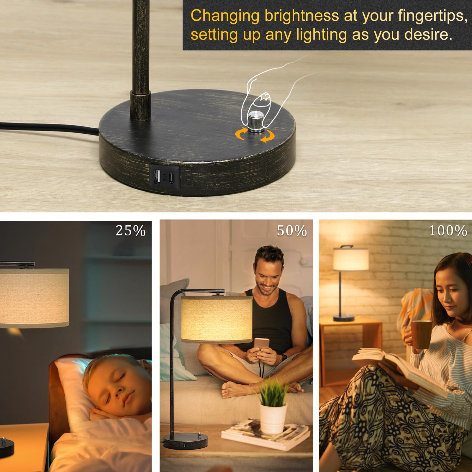Bedside Table Lamp With Usb C+A Charging Ports, Fully Dimmable Industrial Tall Nightstand Reading Desk Lamp For Bedroom, Living