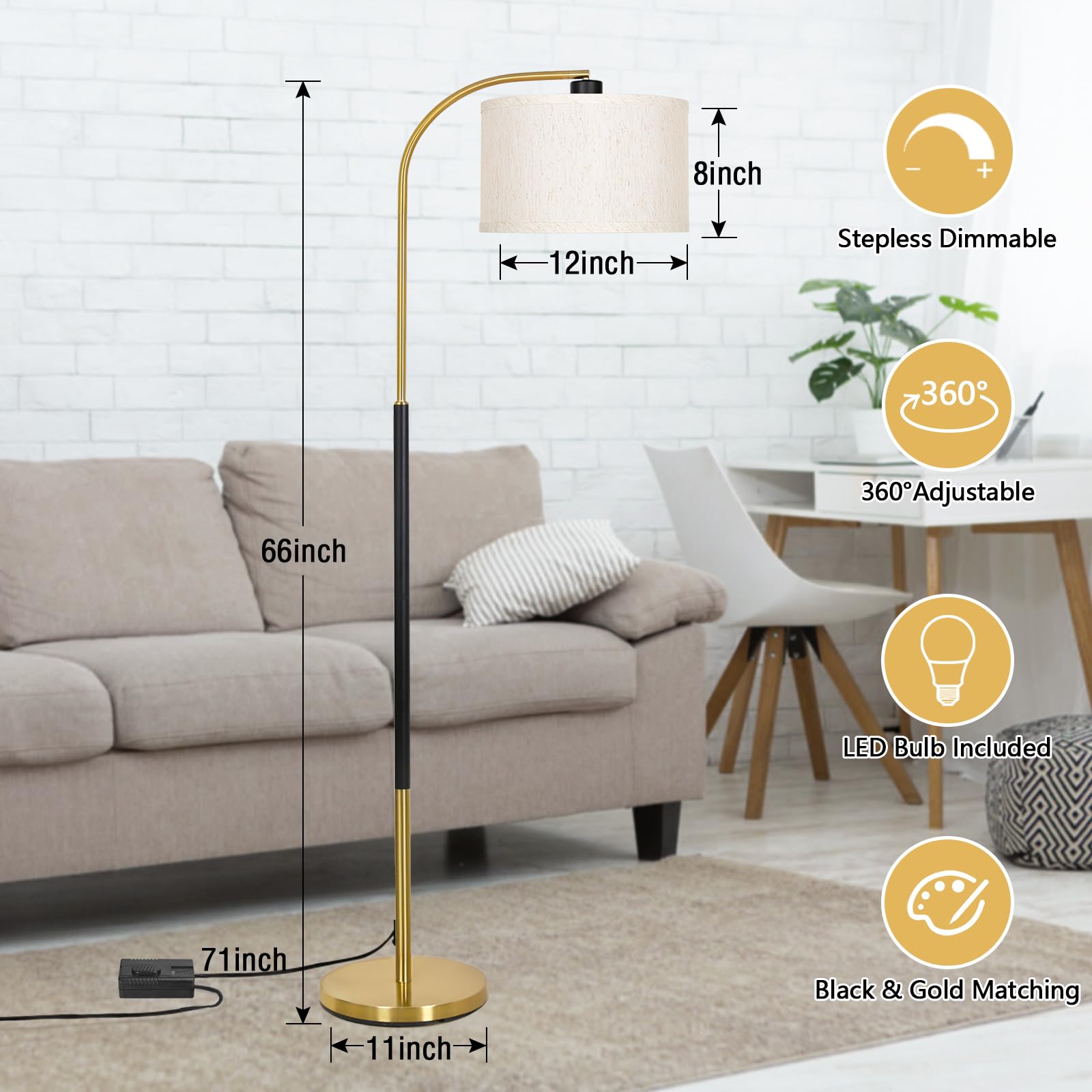 Dimmable Floor Lamp For Living Room, Arc Floor Lamps With Adjustable Drum Shade Pedal Switch, Black And Gold Tall Standing Lamp