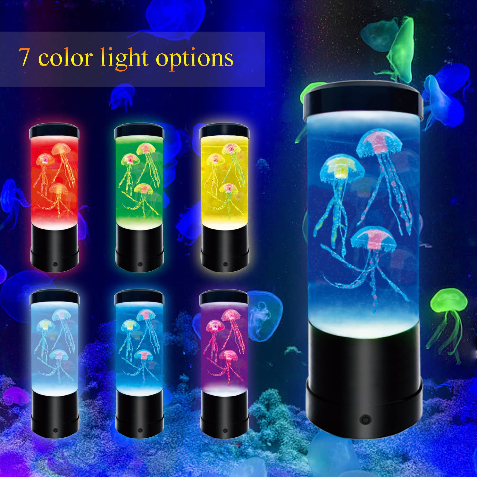 WTROESE Jellyfish Lamp - 7 Color Changing USB/Battery Night Light, Table Lamp3333, Black, Mood Lamp for Home, Office, Kids, Adults
