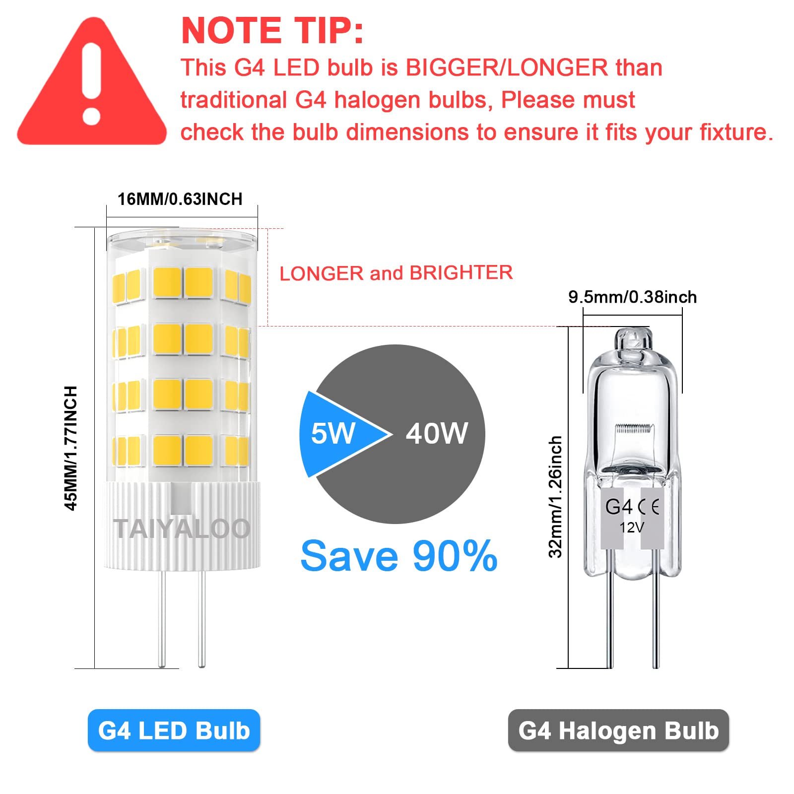TAIYALOO G4 LED Bulb 5W Natural White 4000K JC Type 12V AC/DC 6 Pack for Outdoor Lighting