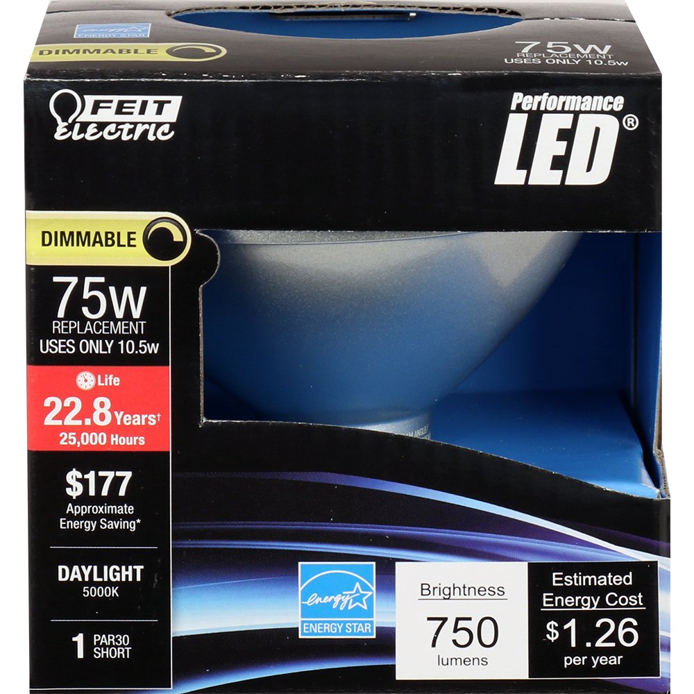 Feit Electric PAR30 LED Light Bulb, 75W Equivalent, Dimmable, Daylight, Short Neck, Model PAR30S/850/LEDG11, Metal