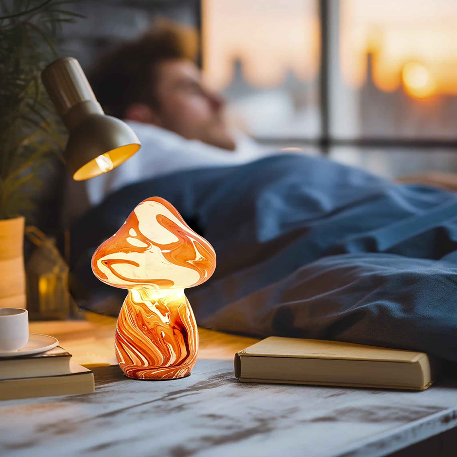 Jbgiyosg Glass Mushroom Table Lamps Night Lights Cordless Cute Small Nightstand Desk Lamp For Bedroom Living Home Decor Red (E27