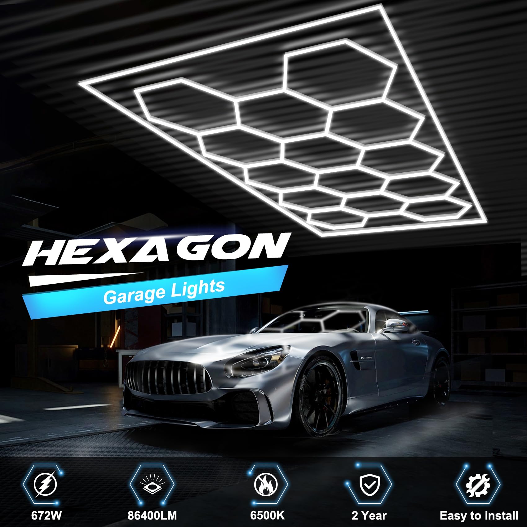 Feruerw Hexagon Garage Lights With Rectangle Frame, High Brightness 672W 86400Lm 6500K, 14 Hex Grid For Garage, Shop, Basement,