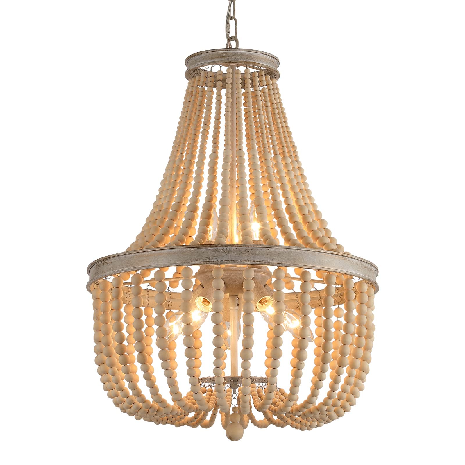 Q&S Farmhouse Wood Beaded Chandelier, 8-Light Rustic Pendant Light Fixture, Oak White, UL Listed, Medium Size for Living Room, Dining Room, Office