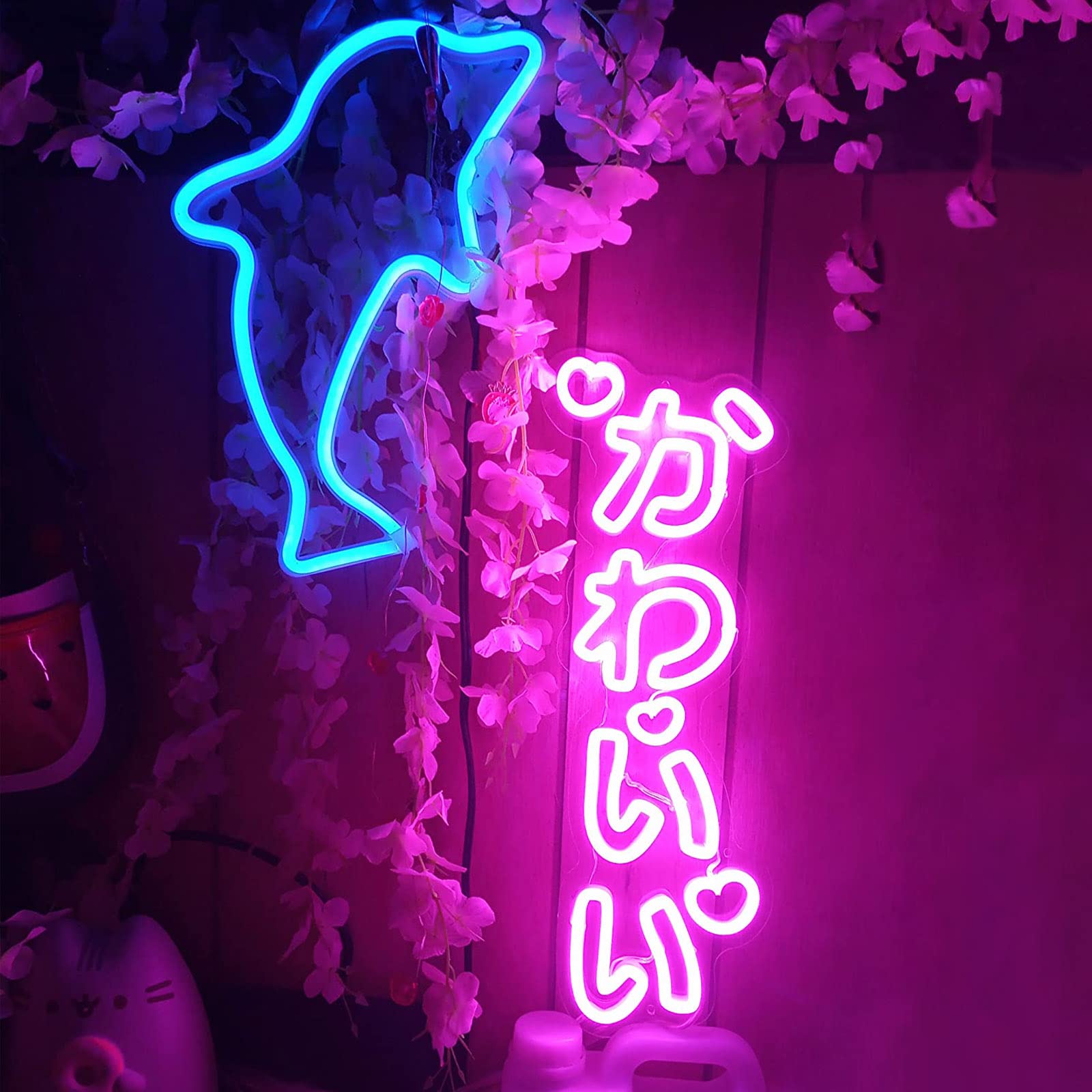KiMineon Kawaii Neon Sign - Cute Japanese LED Night Light Wall Decor - 15.7in Pink - Model KAWAII-FEN
