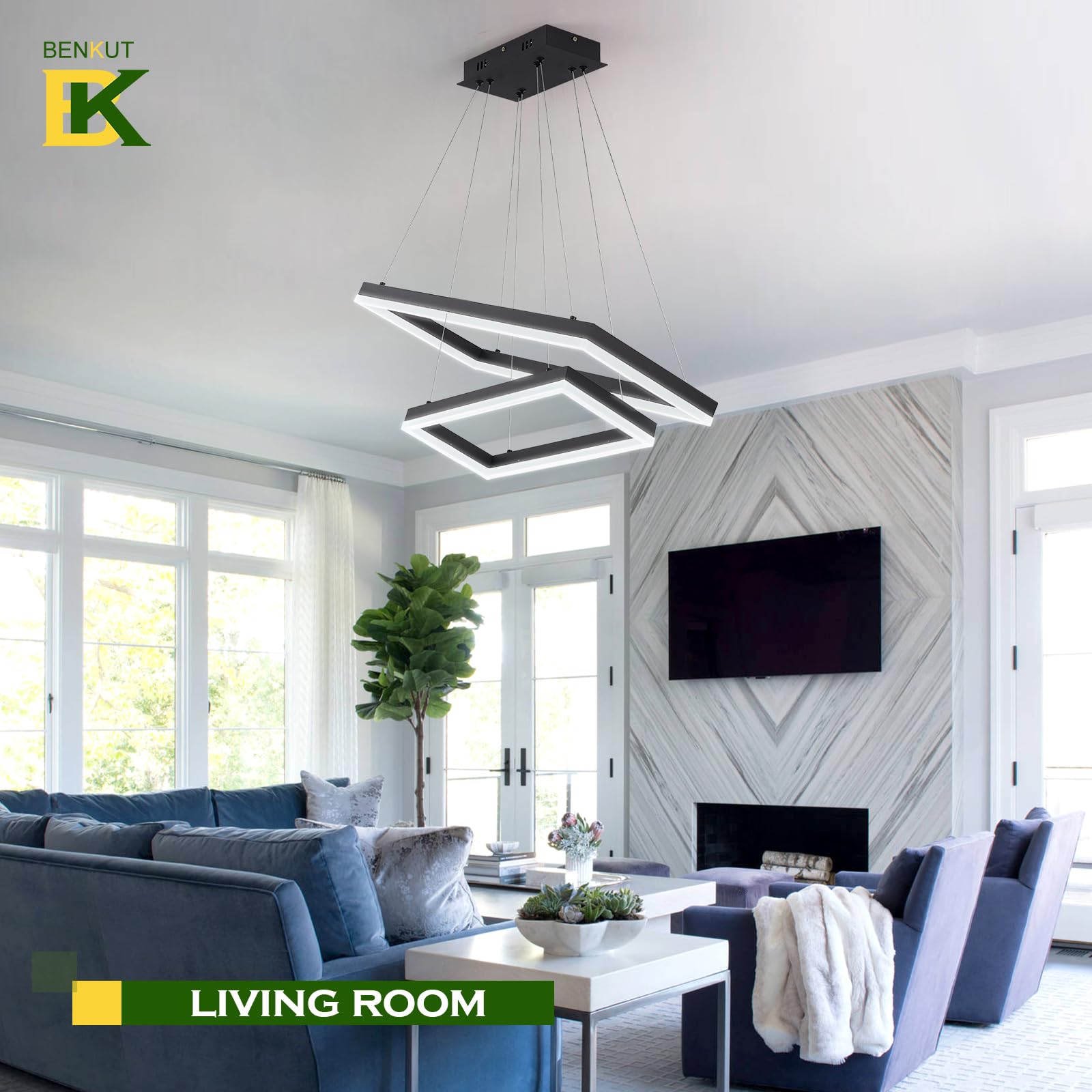 Benkut 2 Rings Modern LED Chandelier, Dimmable Pendant Light, 23.6" Black Aluminum, Remote Control, High Ceiling, 3000K-6500K