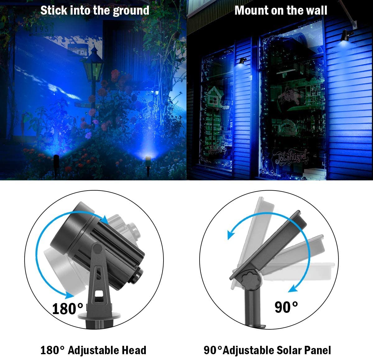 T-Sunus Christmas Solar Landscape Spotlights 2 Pack Metal  Outdoor Waterproof Ip65 Blue Spot Lights Separated Panel With 9.8Ft Cable Auto On/Off For Tree Garden Driveway Pathway Pool Halloween