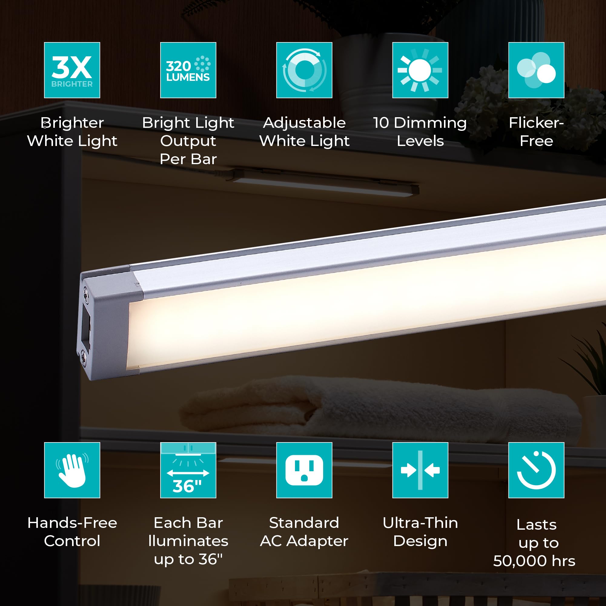 Black+Decker Smart Under Cabinet Lighting Kit, 6 Adjustable 9 Led Bars, White, Aluminum