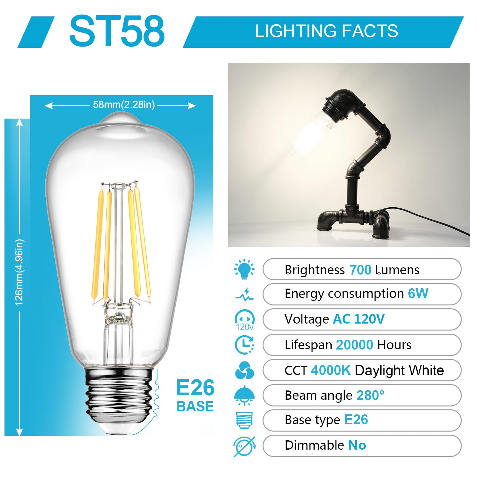 Ascher Vintage LED Edison Bulbs, 6W Equivalent 60W, Daylight White 4000K, ST58, Clear Glass, Pack of 6